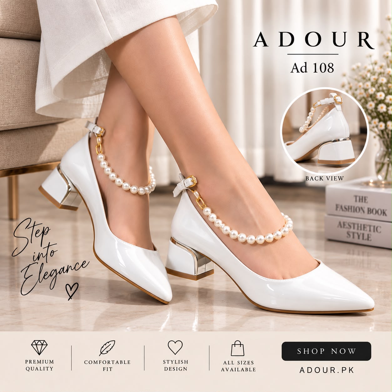 Adour Shoes AD108 White (1.5 Inch Heel)