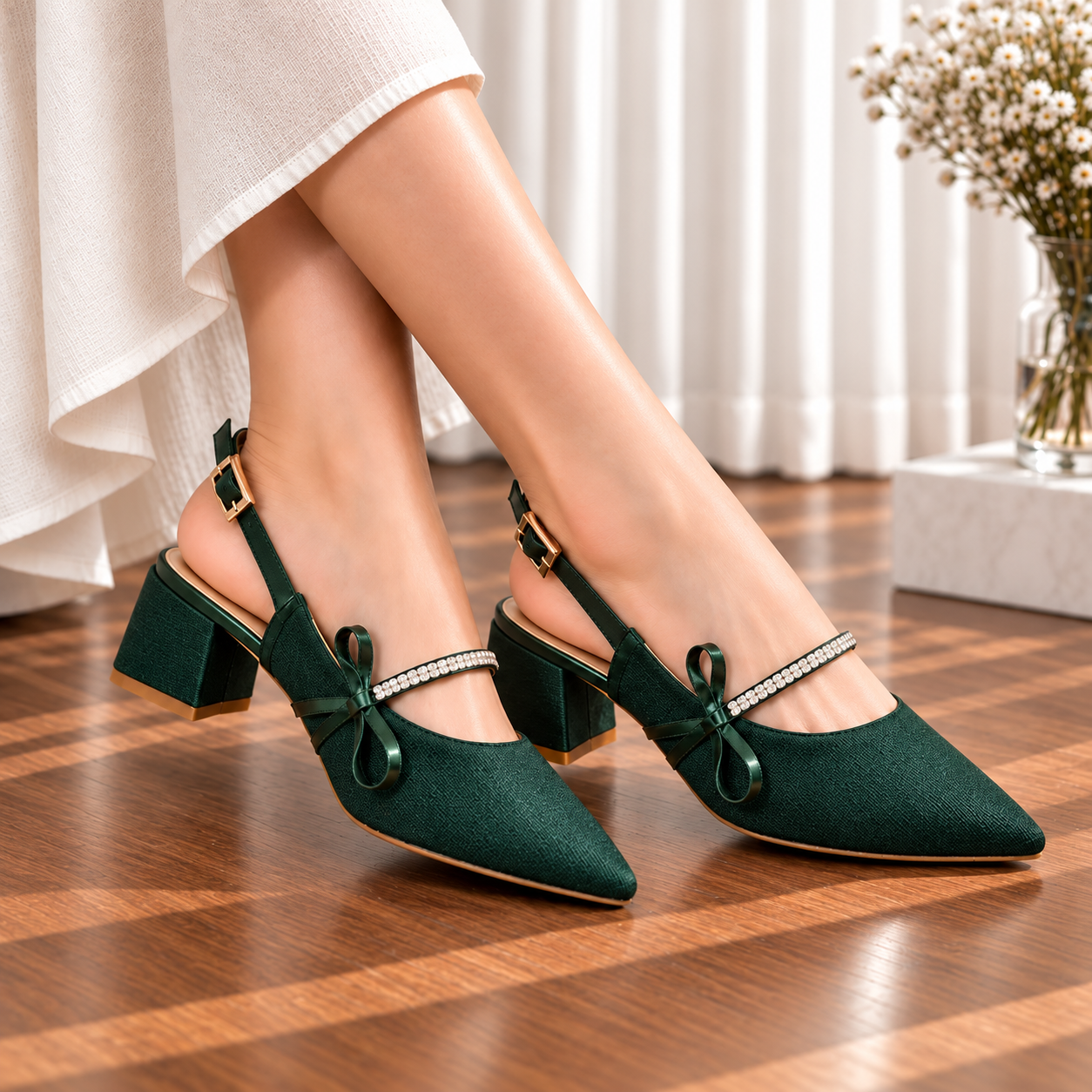 Adour Green Bow Slingback Block Heels – AD102