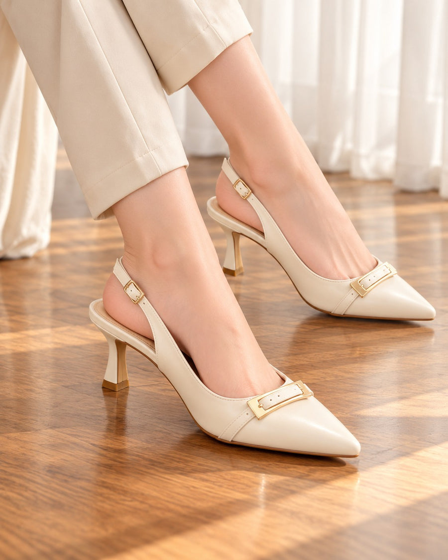 Adour AD117 Square Buckle Pointed Slingback Heels Cream