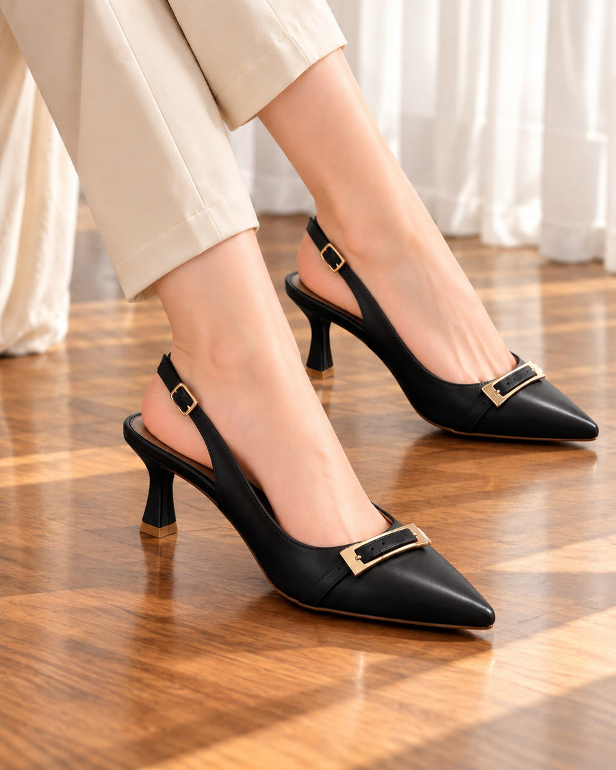 Adour AD117 Square Buckle Pointed Slingback Heels Black
