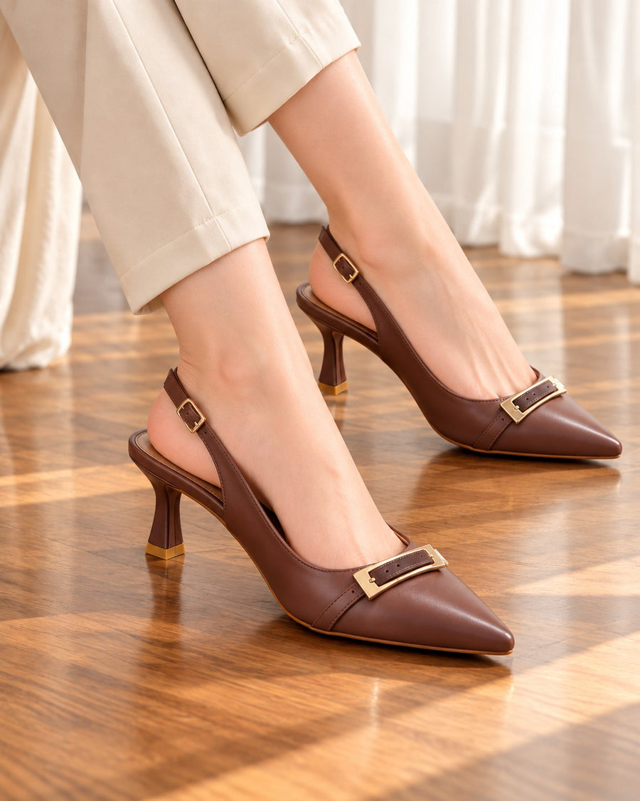 Adour AD117 Square Buckle Pointed Slingback Heels Brown