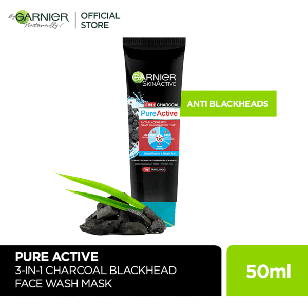 Pure Active 3 In 1 Charcoal Blackhead Face Wash Mask Scrub - 50ml - Garnier